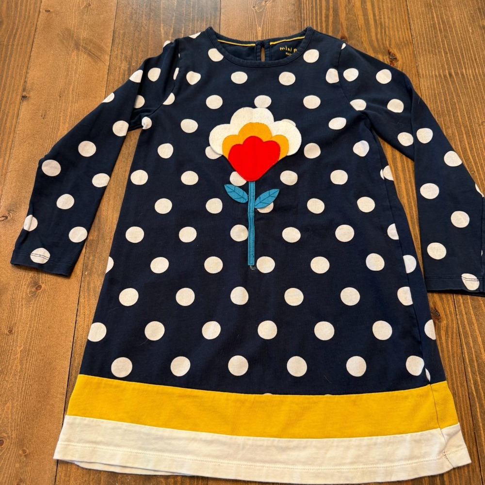 Mini Boden Polka Dot Flower Dress Size 8-9y Blue Long Sleeve Applique Cotton